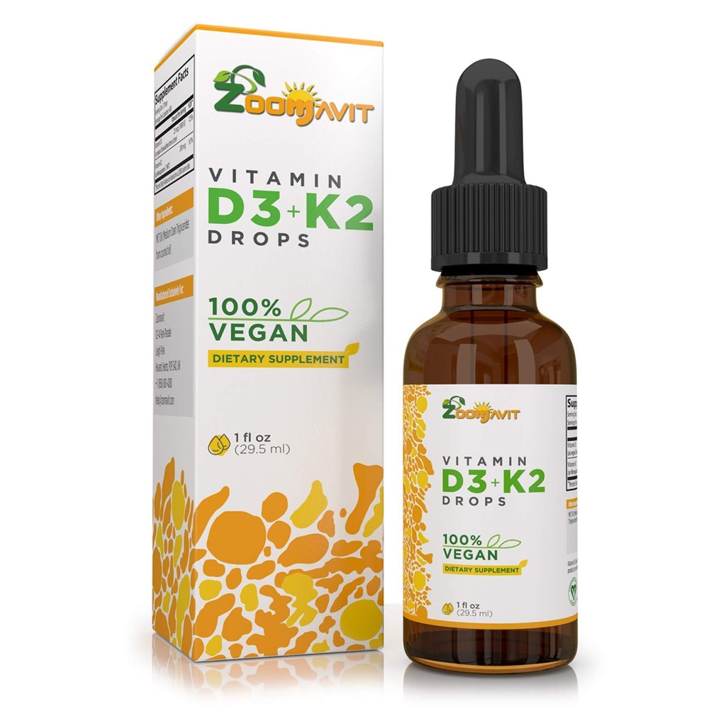 Vegane flüssige Tropfen Vitamin D3 K2 (MK7) - 100% pflanzliches flüssiges Vitamin D Enhanced with Coconut Oil for Max Absorption - 1 Servierung = 1000 IU VIT D3 und 200 mcg VIT K2