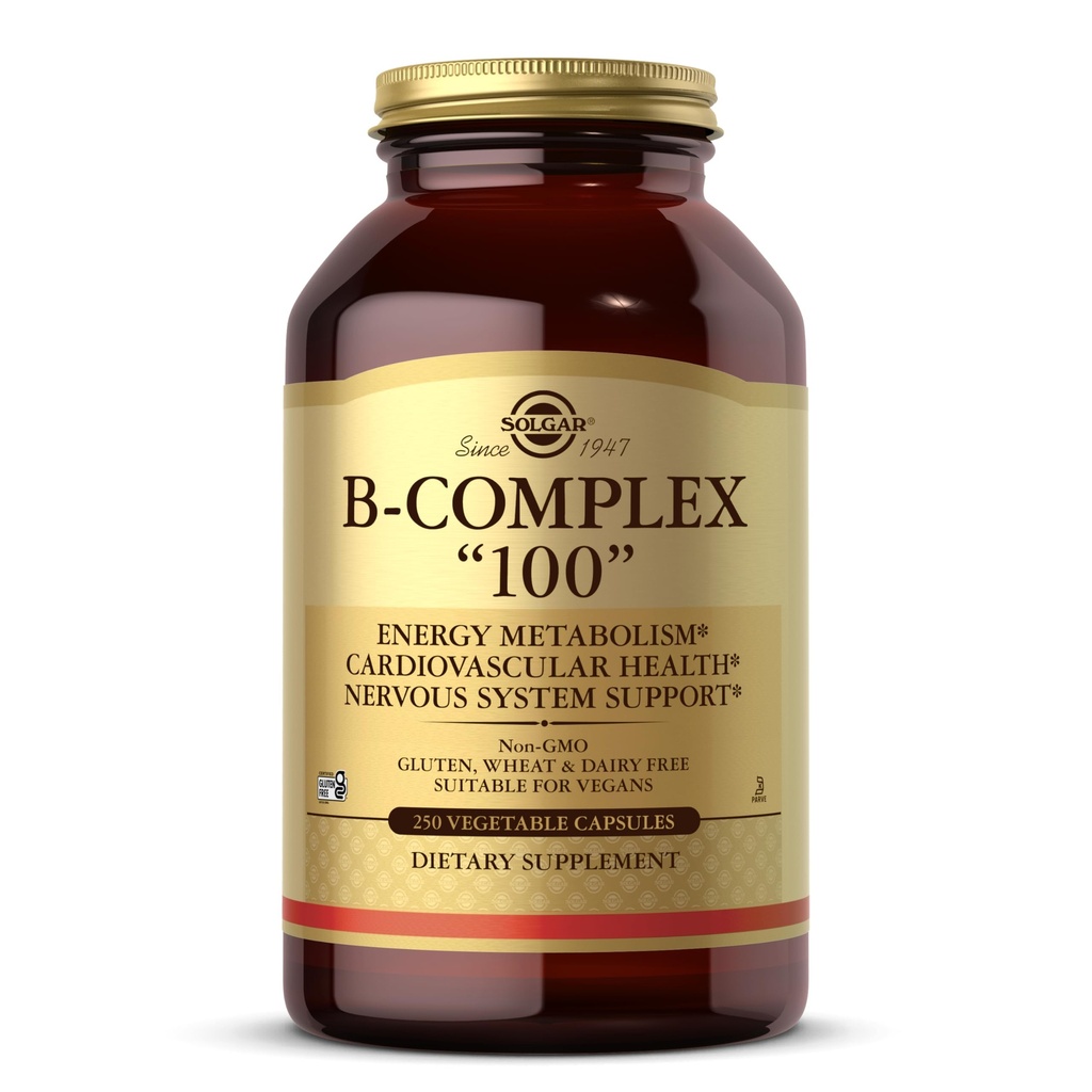 Solgar B-Complex "100", 250 Gemüsekapseln - Nervous System Support - Unterstützt Energiemetabolismus - Non-GMO, Vegan, Glutenfrei, Dairy Free, Kosher - 250 Servietten