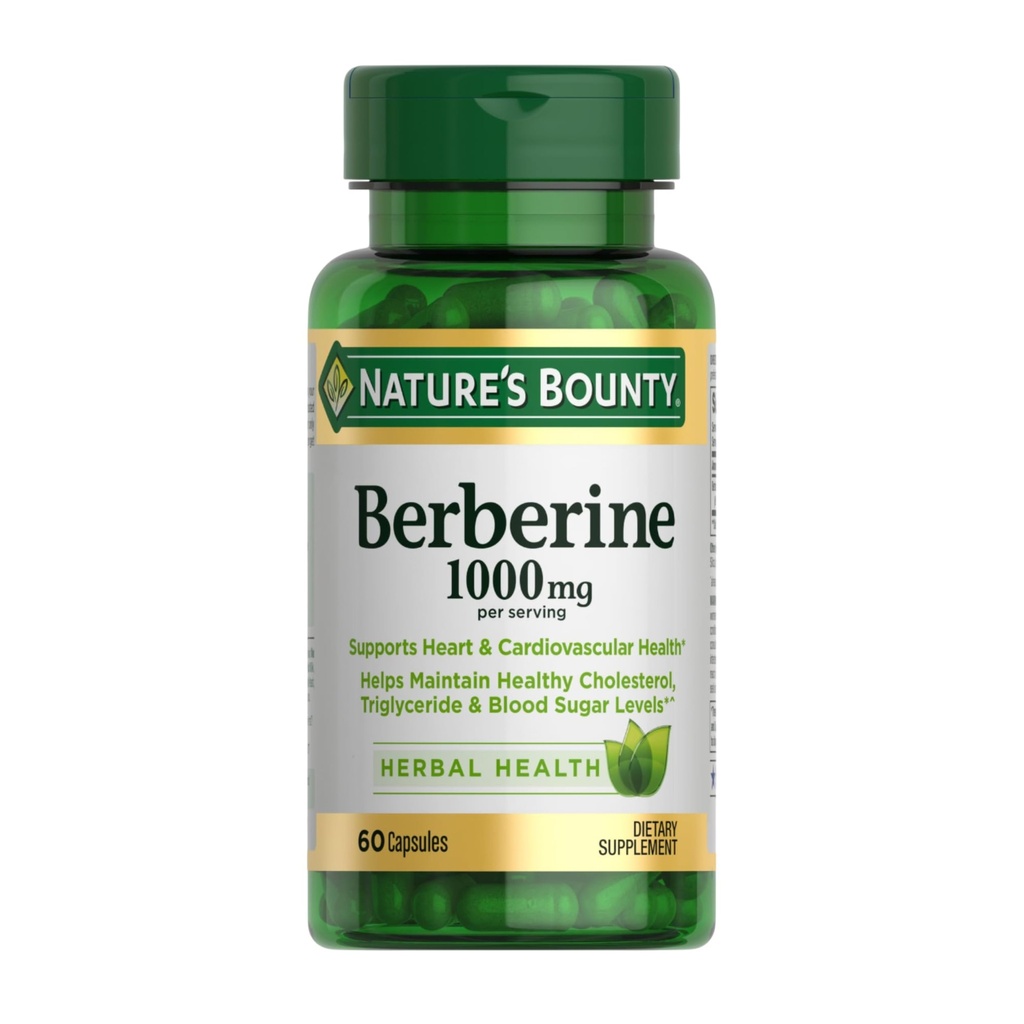 Nature’s Bounty Berberine 1000mg Kapseln, unterstützt Herzgesundheit, Cholesterol & Blutzuckerspiegel in einem normalen Bereich, Non-GMO Supplement, 60 Count