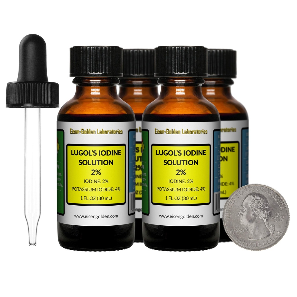 L'iode de Lugol / Solution de 2% / 4 Oz dans quatre bouteilles en verre ambre / gouttes libres / États-Unis