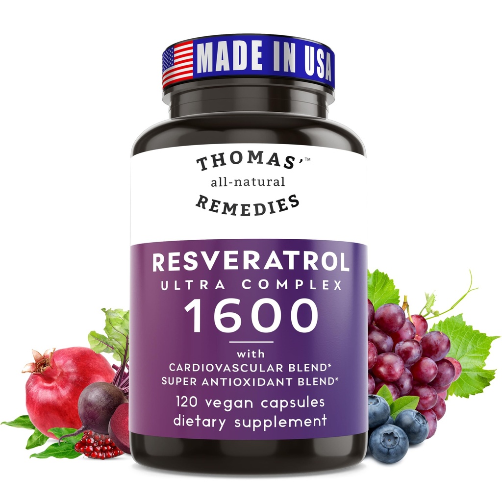 Thomas' all-natürliche Heilmittel Resveratrol 1600mg Organische Trans-Resveratrol Antioxidante Ergänzung mit Bio-Größe Seed Extrakt und Quercetin- Anti-Aging und Herz-Kreislauf-Unterstützung- 120 Kapseln