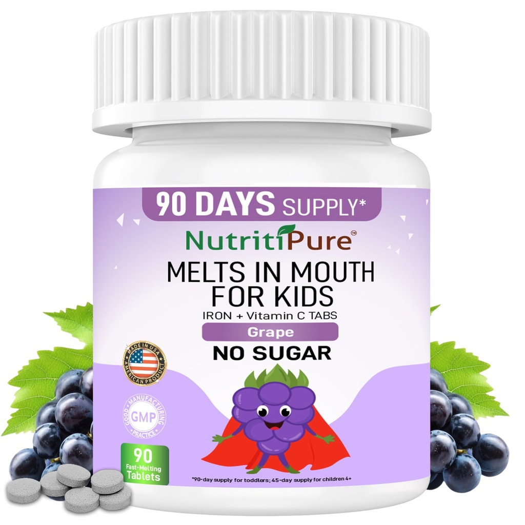 Kids Chewable Iron Supplement, Ferronyl® Carbonyl Iron 9 mg, Vitamin C 30 mg, Grape Flavor, 90 Tabletten (1 Flasche)