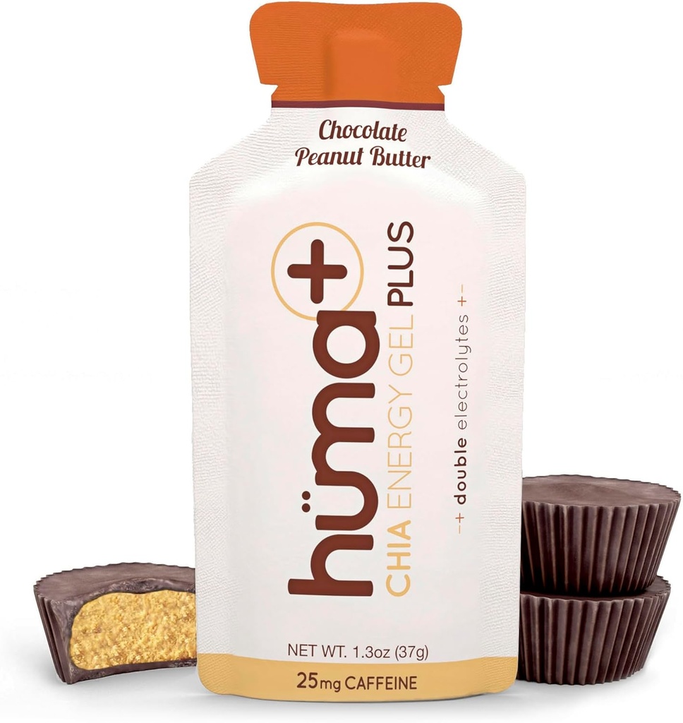 Huma Plus (Doppelelektrolyte) - Chia Energy Gel, Chocolate Peanut Butter, 24 Gels - Stomach Friendly, Real Food Energy Gels