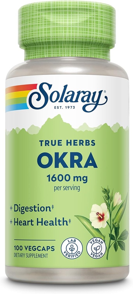 SOLARAY Okra Fruit 1600 mg - High Fiber Supplement for Wellness Support - Rich Source of Soluble Fiber - Äquivalent von 6,4 g Fresh Okra per Servieren, Vegan, 60-Tage Garantie - 25 Servietten, 100 VegCaps