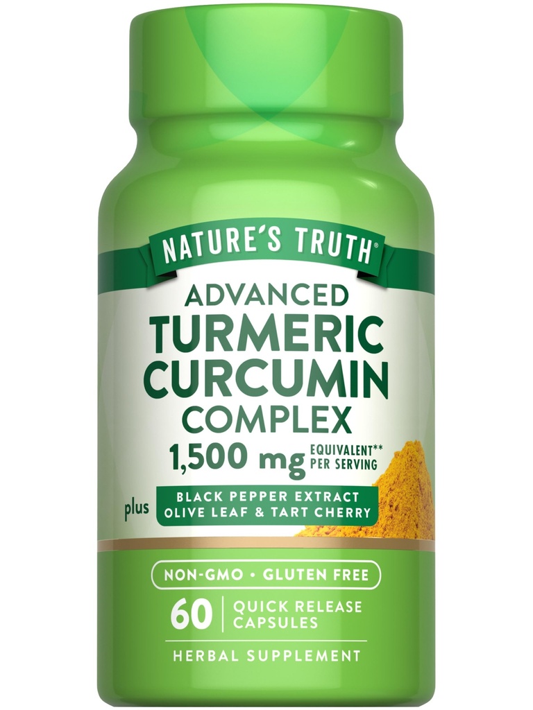 Nature's Truth Curcumin curcuma curcuma 60 capsules avec extrait de poivre noir, feuille d'olive et cerise de tart.