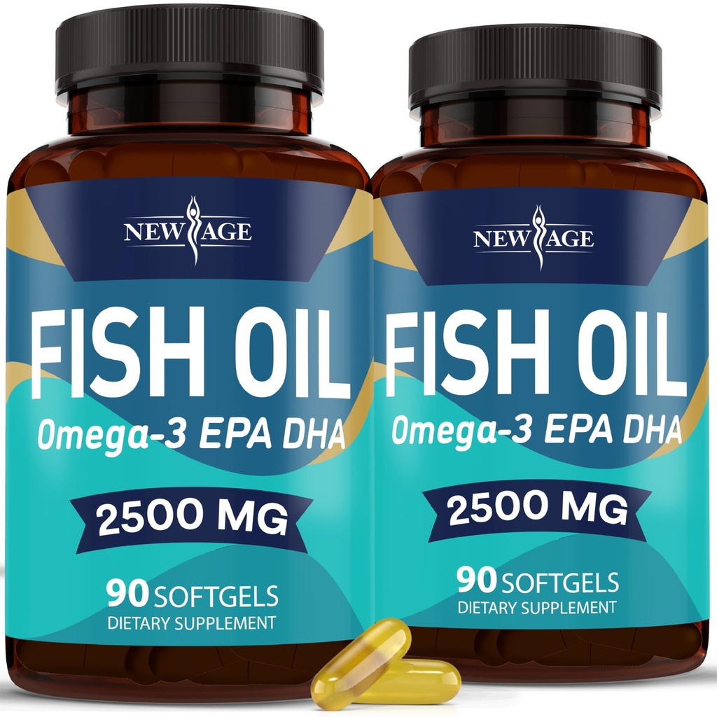 NOUVELLE AGE Omega 3 Huile de poisson 2500mg Supplément Non OGM - EPA, DHA Acides gras Sans gluten (180 Softgels (paquet de 2))
