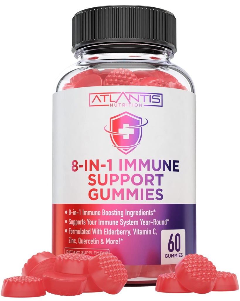 Atlantis Nutrition 8-in-1 Immunstützgummis mit Elderberry | Immunergänzung mit Elderberry, Quercetin, Zink, Vitamin C - Immunität Boosters for Adults & Kids - Delicious Flavor - 60 Count