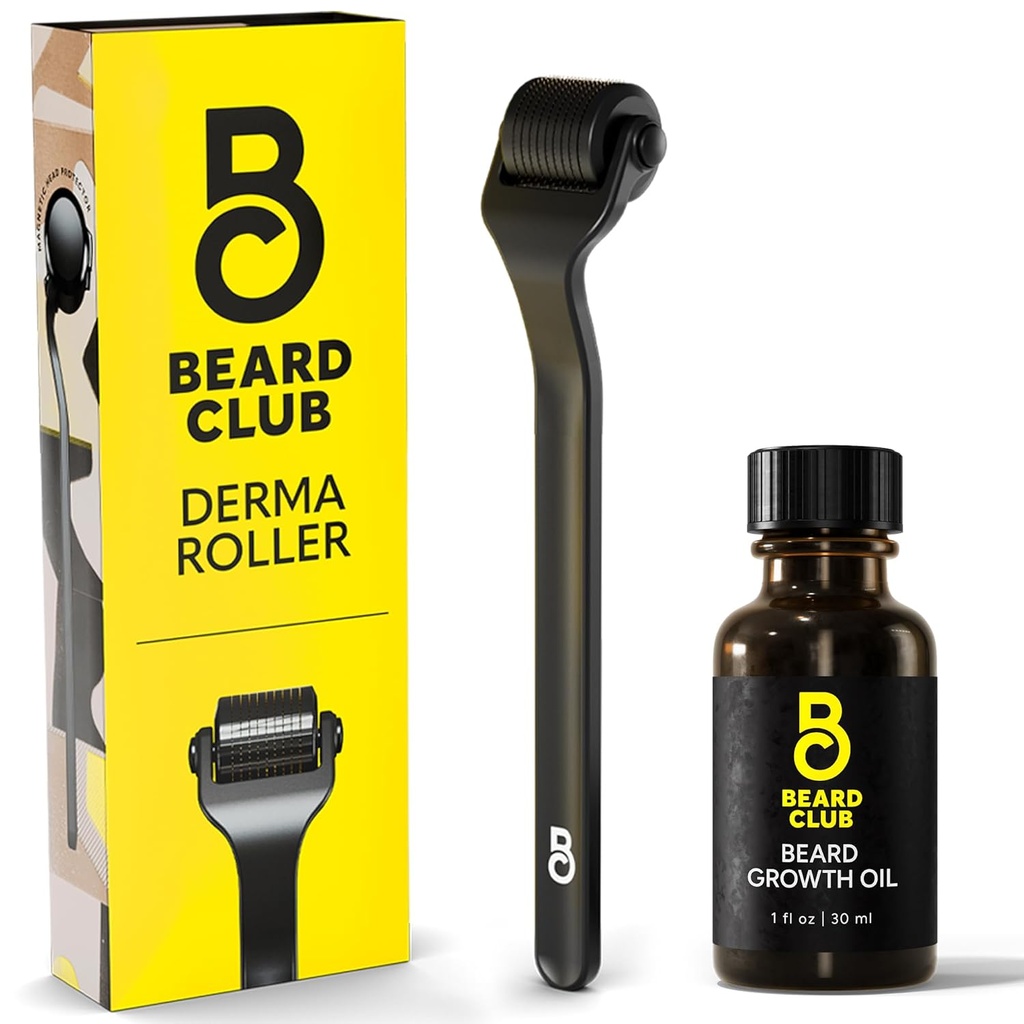 The Beard Club Derma Roller & Beard Growth Oil - Microneedling Roller mit 540 Titan Microneedles für Gesicht, Körper & Kopfhaut - Bart Roller mit Sandalwood & Cedar Bartöl