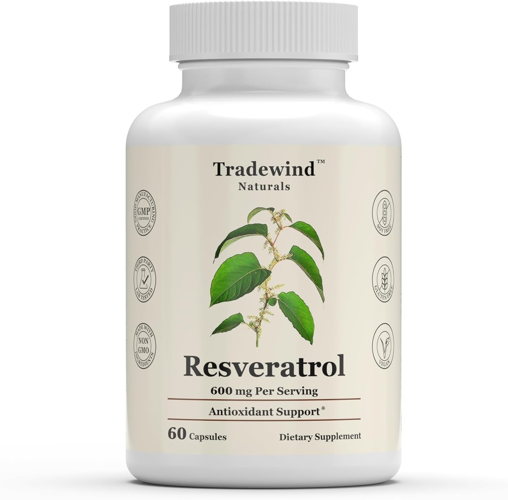 Resveratrol 600mg - Vegan - Non-GMO - Unterstützt gesundes Altern und Herz-Kreislauf-Gesundheit - Reich an Antioxidantien - 60 pflanzliche Kapseln