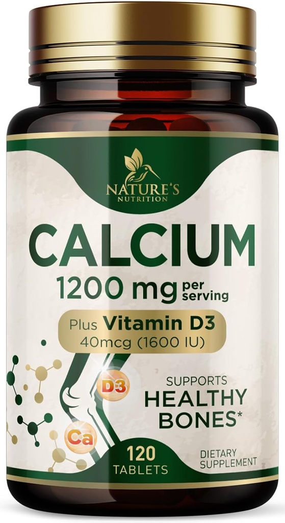 Calcium 1200 mg avec vitamine D3 - Supplément santé osseux, suppléments de vitamine D et calcium pour les femmes et les hommes - Soutien osseux, dents et immunitaire, pilules de calcium de la nature, embouteillés aux États-Unis - 120 comprimés