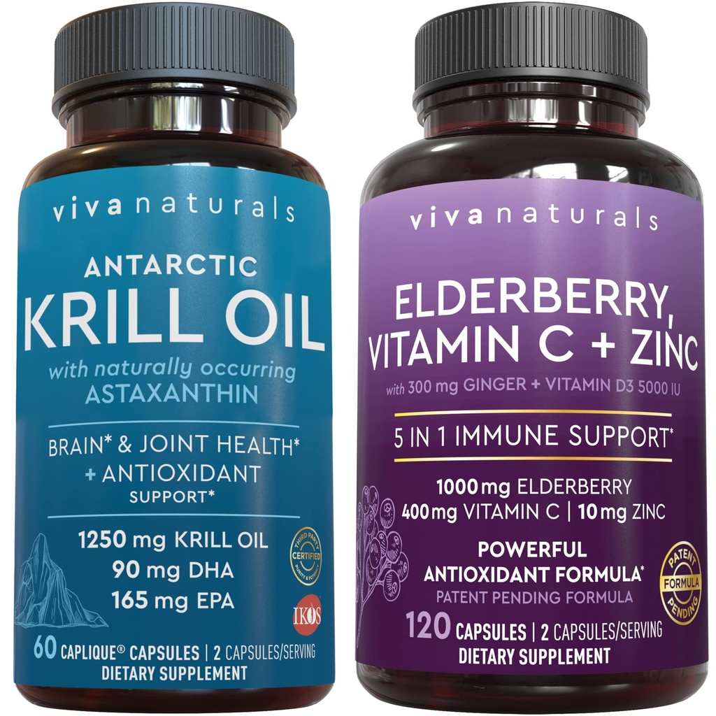 Viva Naturals Antarktis Krill Öl und Elderberry, Vitamin C, Zink und Vitamin D3 5000 IU Bundle, 1250 mg Krill Öl Bereitstellung Omega 3 EPA und DHA für Joint Health, Elderberry für Immununterstützung