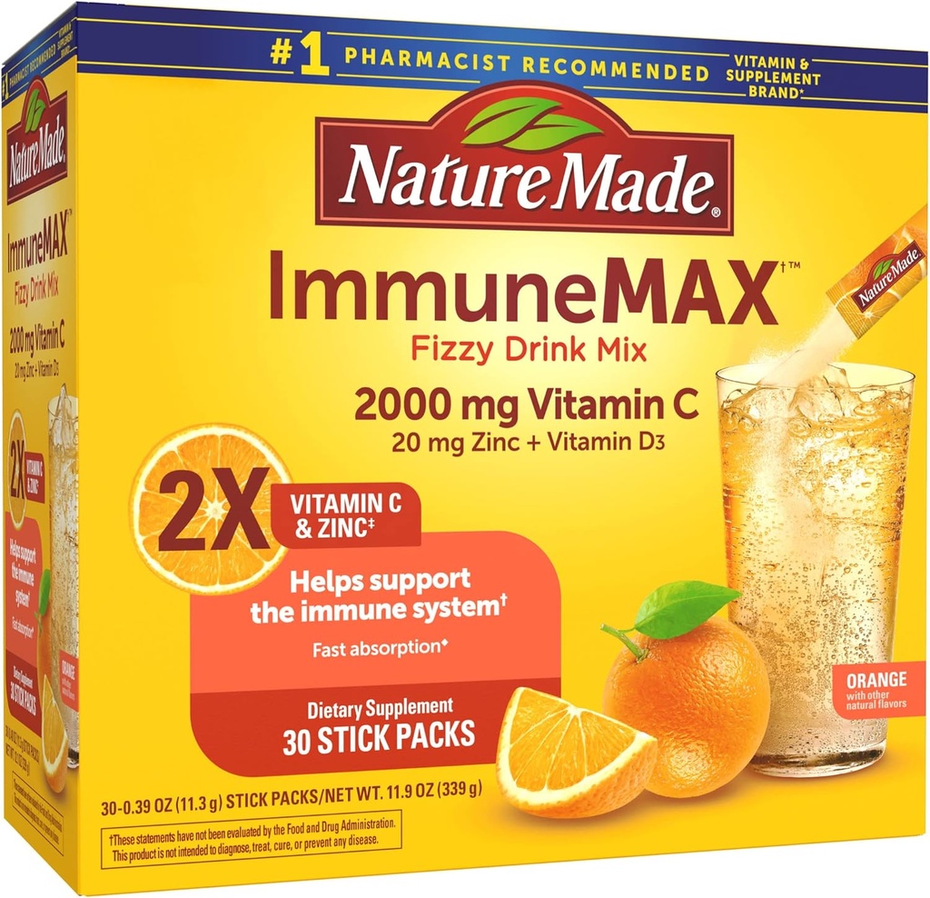 Nature Made ImmuneMAX Fizzy Drink Mix, mit Vitamin C, Vitamin D und Zink Ergänzung für Immununterstützung, schnelle Absorption, 30 Stick Packs, 0.4 Unze