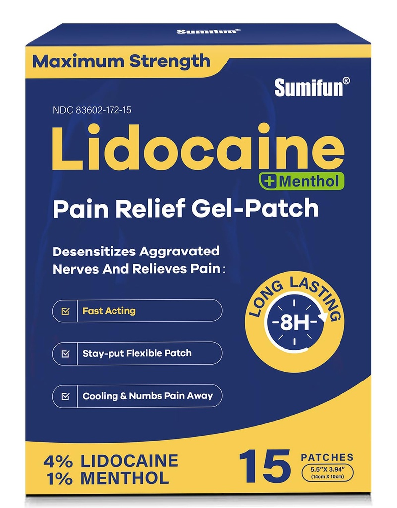 Sumifun 4% Lidocaine Patches Plus 1% Menthol - 15 Counts Maximale Stärke OTC Schmerzlinderung Patches für Rücken Ache Stiff Neck Gelenk Schmerzen Muskel Soreness Topical Analgesic