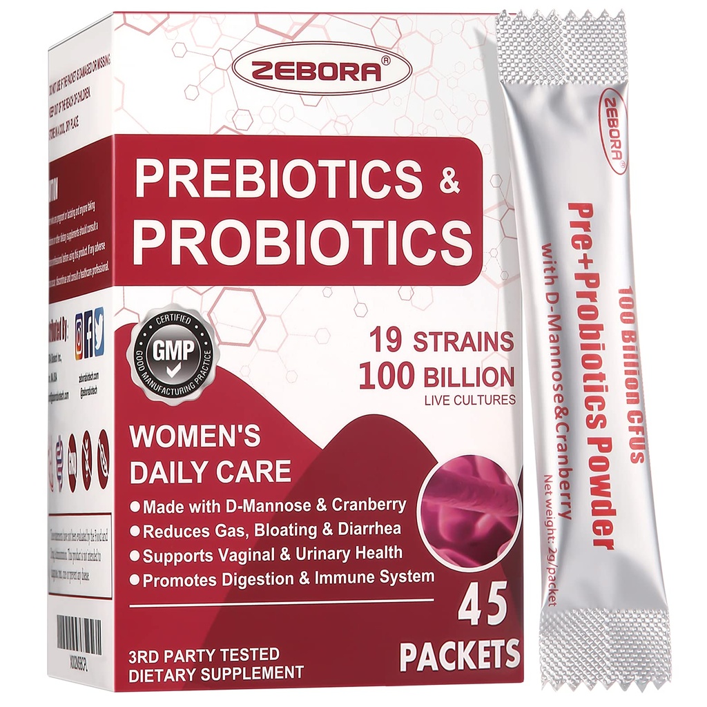 ZEBORA Probiotiques-pour-femmes 100-Billions-FCU avec prébiotiques, D-Mannose et canneberge pour Digestive, Immune, Feminine UT Health Support, Ultimate Probiotic Women's Care, Soy & Gluten Free, 45 packets