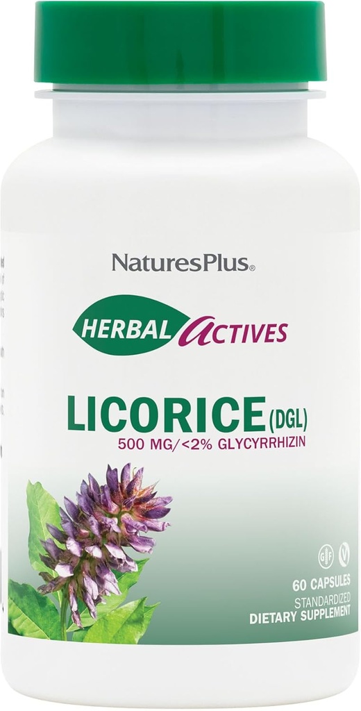 NaturesPlus Herbal Actives Licorice (DGL) 500 mg - 60 Capsules, Pack de 4 - Soutient la digestion saine et le bien-être général - Végétarien, sans gluten - 240 portions totales