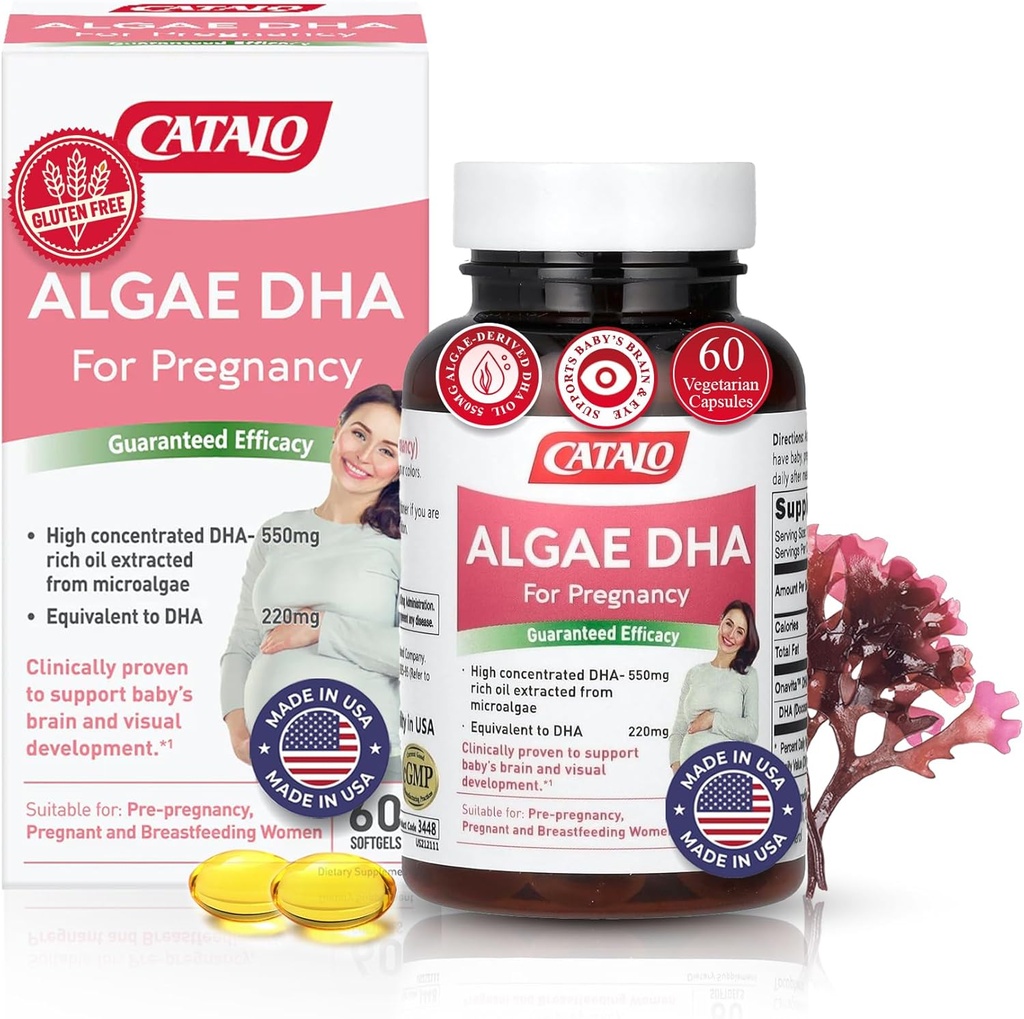 CATALO Omega 3 Algae DHA für Damen - 550mg DHA-Rich Öl von Microalgae, Ideal für Prenatal, Pregnancy & Breastfeeding, Vegetarische Softgele, Glutenfrei - 60 Softgels
