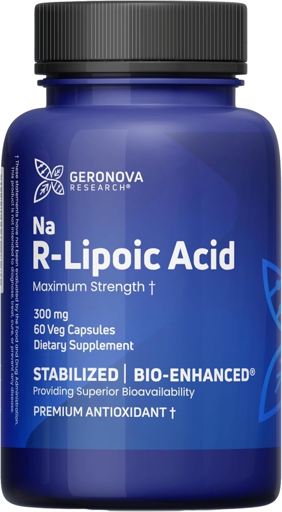 Geronova Research Bio-Enhanced R-Lipoic Acid, 300 mg Kapseln - 2 Monate Versorgung - Stabilisierte R Alpha Liponsäure mit verbesserter Absorption - R Lipoic Acid Supplement - 60 Zähler