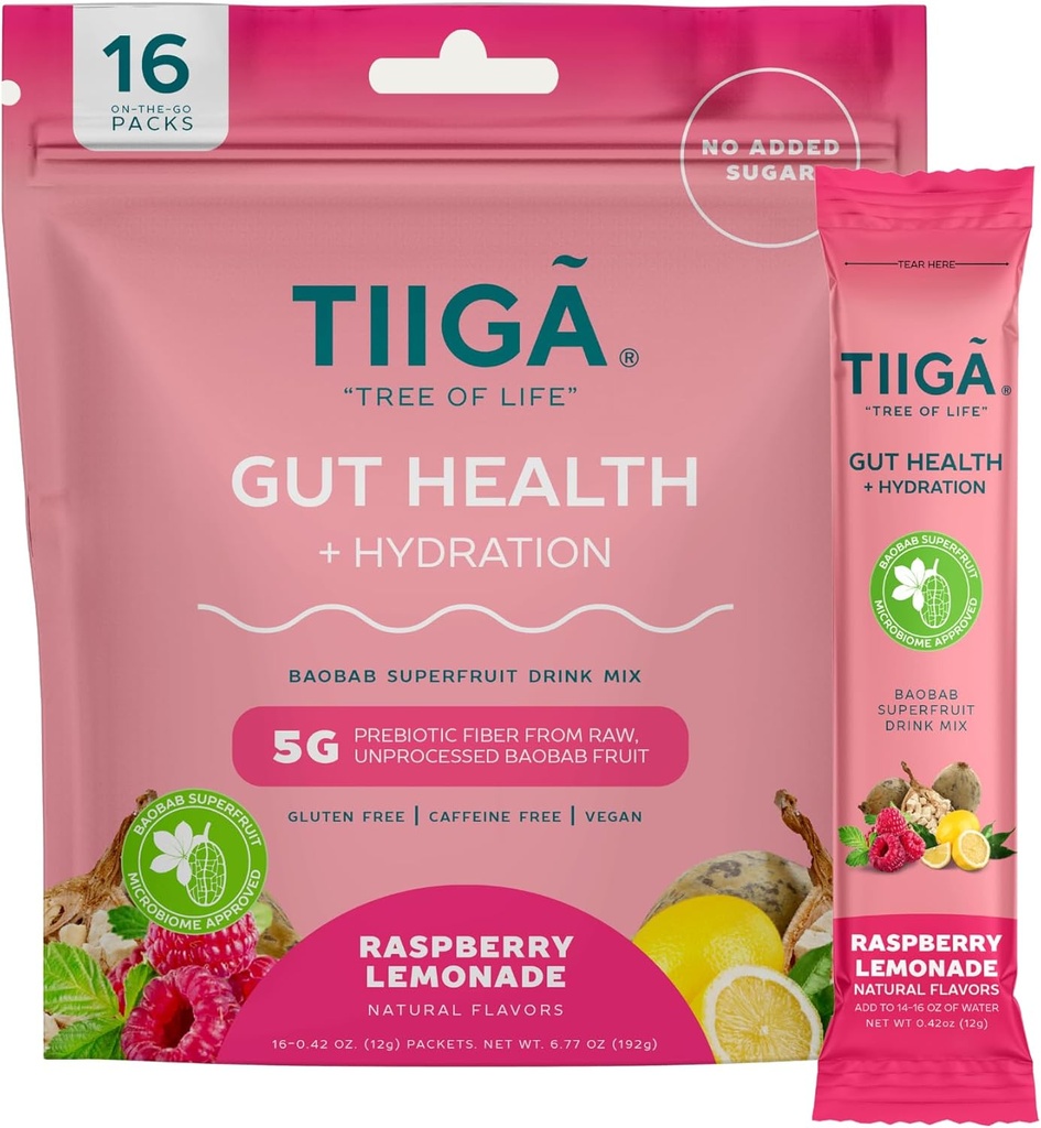 Tiiga Gut Health + Hydration Drink Mix – 7g Baobab, 5g Prebiotic Fiber, Elektrolyte, No Dairy, Vegan, No Added Sugar, Digestion, Regularity, & Constipation – 16 Portionen