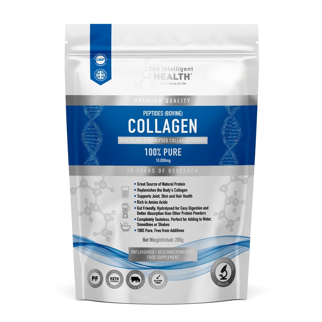 La Poudre de Peptides de Collagène Hydrolysé Intelligent Santé, Fed d'herbe, Haute Protéines, Non aromatisé, Sans gluten, Paléo & Keto Friendly, 10g par portion (200g) soutient la peau, les cheveux, les ongles, les articulations, et les os
