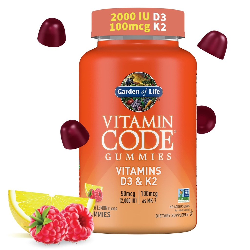 Garten des Lebens Vitamin-Code D3 & K2 Gummie mit Präbiotika und Probiotika - Knochengesundheit, Immungesundheit und Verdauungsunterstützung, Non-GMO, Glutenfrei, Himbeere Lachse Geschmack, 45 Gummi