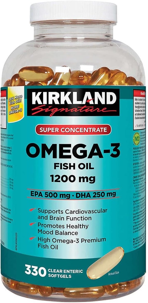 Kirkland Signature Super Konzentrat Omega-3 Fish Oil 1200mg, EPA 500/DHA 250mg, 330 Klare enterische Softgele