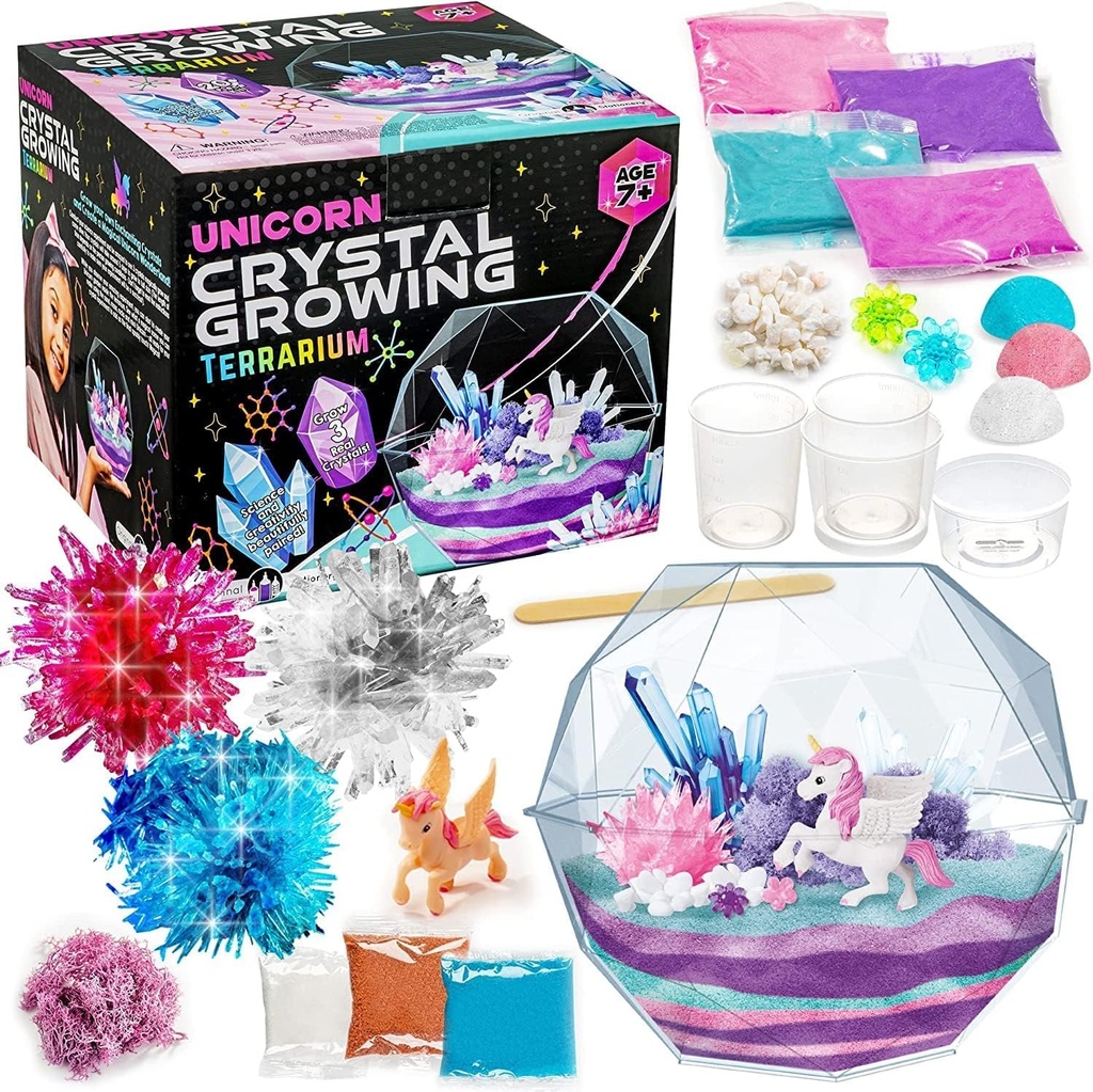Kit de culture de cristal de papeterie original - Terrarium Licorne, 6,3 x 5,8 en, multicolore - STEM Science & Craft Kits pour les enfants 7-12 ans - Grow your own Crystal Garden with Magic Rocks & Flower Charms