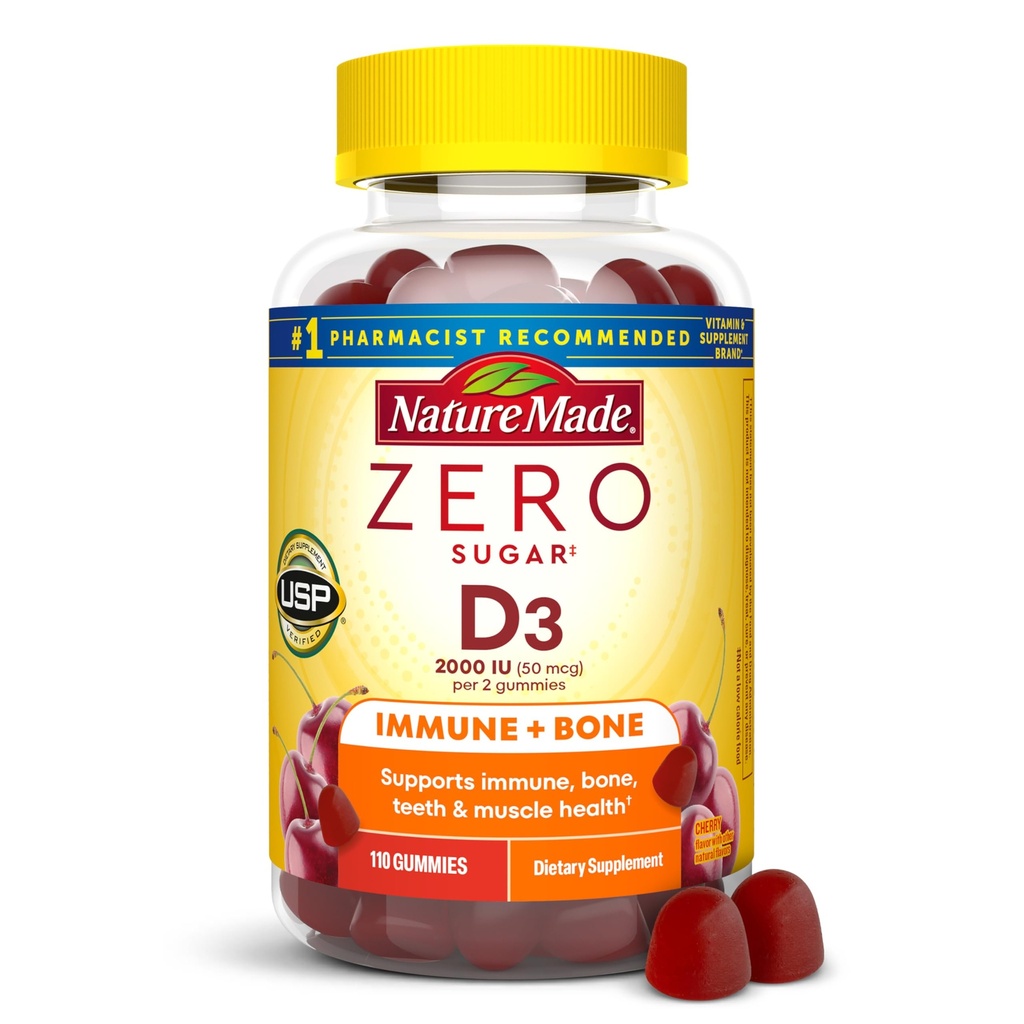 Nature Fait Zéro Sucre Vitamine D3 Gummies 2000 UI (50 mcg) Par service, Bone & Immune Support, Sans Aspartame, 110 Gummies Vitamine D, 55 jours