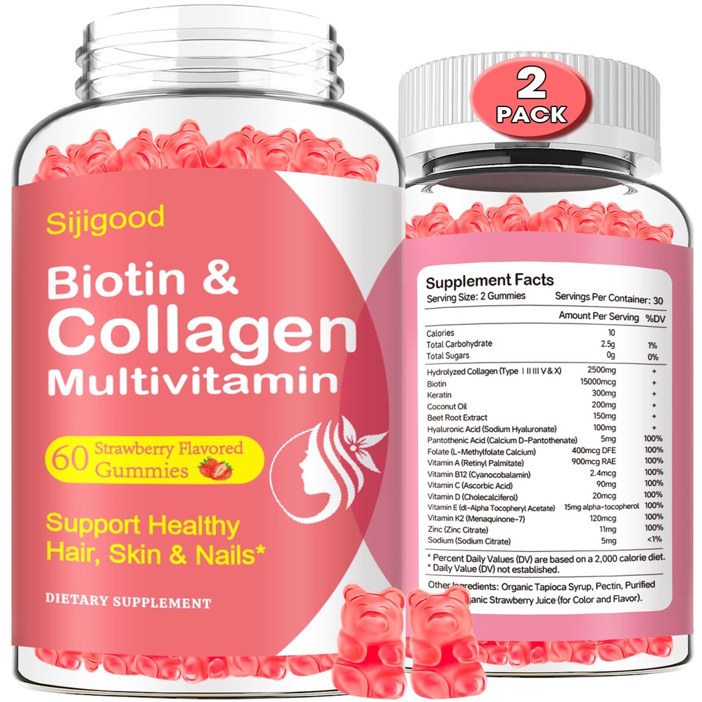 2 Pack Kollagengummis für Frauen Männer, hydrolysierte Collagen Peptide Typen I,II,III,V,X mit Biotin & Hyaluronsäure, Vitamine C A D E B12 K2 Unterstützung, Sugar-Free für Haut Haarnägel Immunität Energie