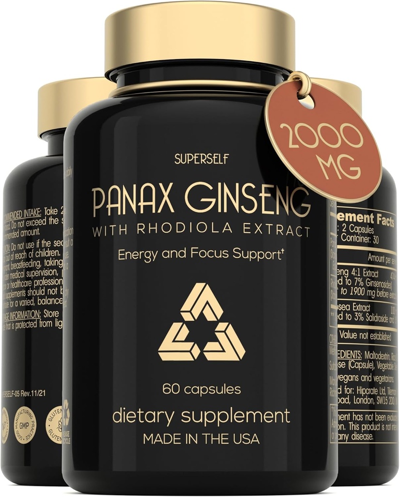 Panax Ginseng und Rhodiola Rosea 2000mg - Korean Ginseng High Strength 60 Kapseln - Kräuterergänzung für Männer & Frauen - Energiekomplex mit Ginseng Wurzelextrakt Standardisiert 7% Ginsenosides - US Made