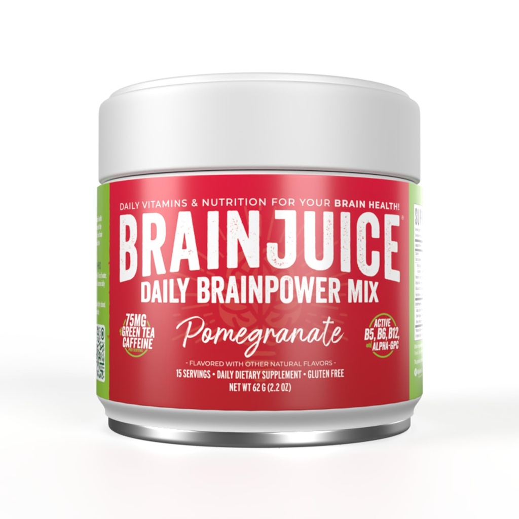 BrainJuice Nootropics Supplément de soutien au cerveau, Poudre sans gluten pour l'énergie et le focus, Mélange à boire avec L Theanine, Alpha GPC, Vitamine B, Extrait de thé vert biologique (granate)