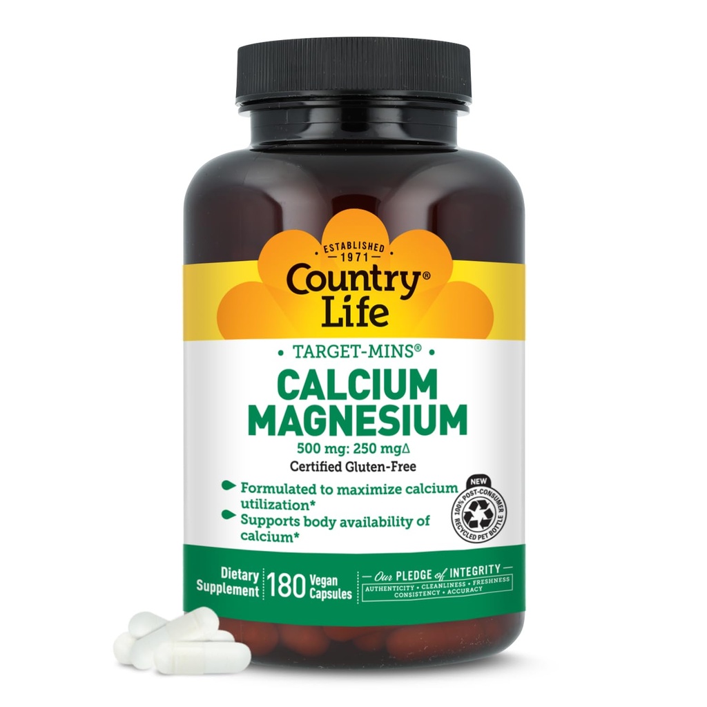 Country Life Cible-Mins Complexe de magnésium de calcium - 1000mg Calcium, 500mg Magnésium, Supplément sans gluten pour la santé des os