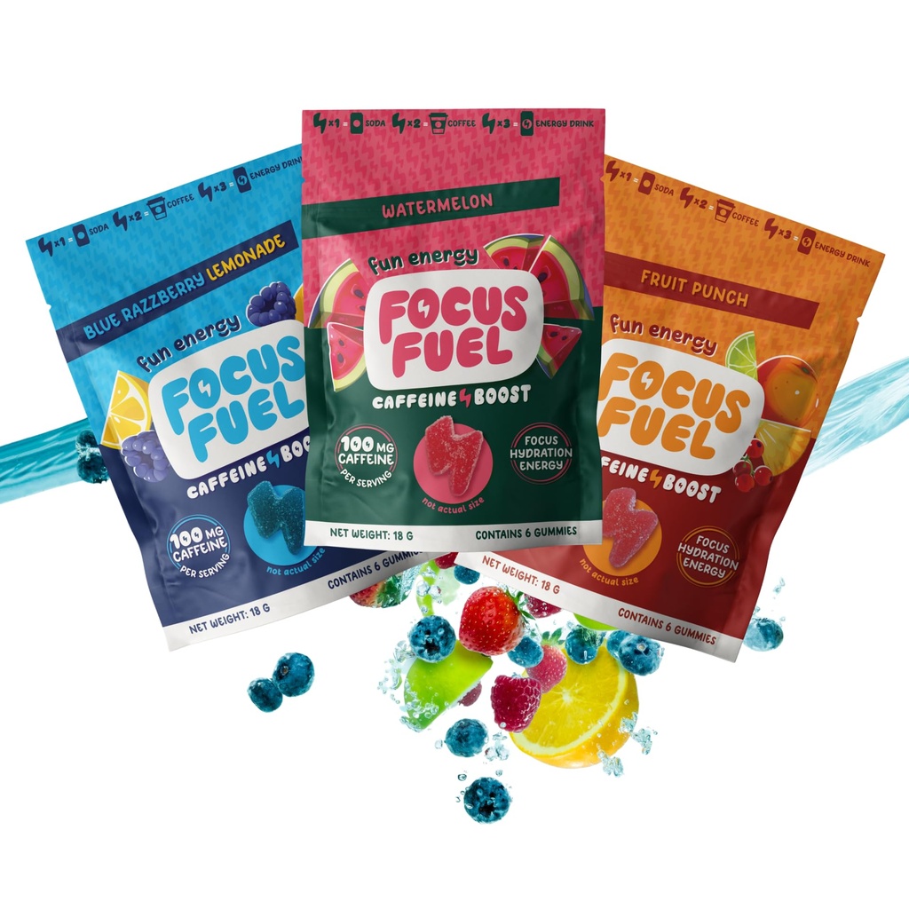 FocusFuel Energy Chews – Trial Size Variety Sample Pack (9 Servierungen) – 100mg Koffein + Alpha GPC + L-Theanin + B12, Magnesium – Blaue Razzberry-Lemonade, Wassermelone, Obst-Punch – Kein Crash oder Jitter
