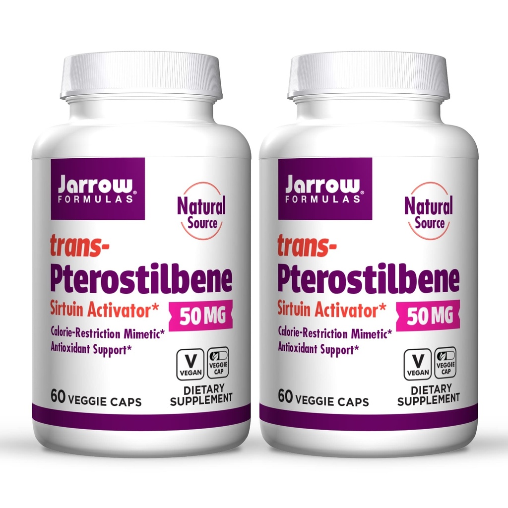 Jarrow Formules trans-Pterostilbene, 50 Milligrammes par portion, 60 Capsules végétariennes. Boîte de 2 bouteilles
