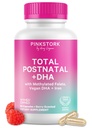 Pink Stork Total postnatale Vitamine für Frauen mit Vegan DHA, Eisen, Folat und Vitamin B12, Postpartum Recovery Essentials, Tägliche Ergänzung für stillende Mütter - 1 Monat Versorgung