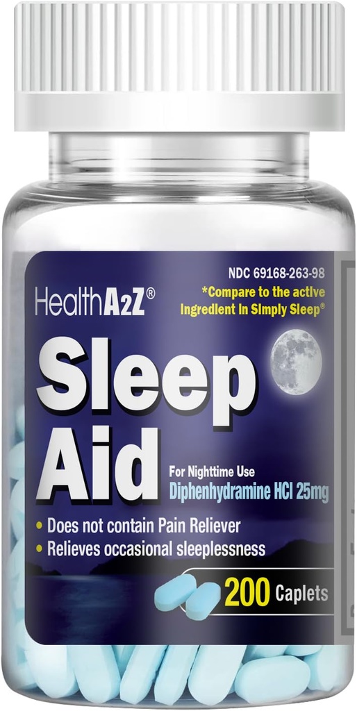 SantéA2Z Aide au sommeil 200 Caplets de Diphenhydramine HCl 25mg de Diphenhydramine Régulière Force Pills Dormants
