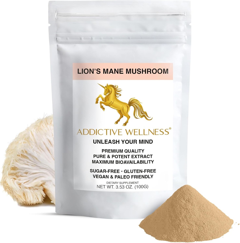 Addictive Wellness Lions Mane Supplement Powder, Premium-Qualität Lions Mane Mushroom Powder Dual-Extrakt Nootropic, Sugar Free, Vegan & Paleo Lion's Mane Mushroom Supplement - 1500 mg (100 Gramm)