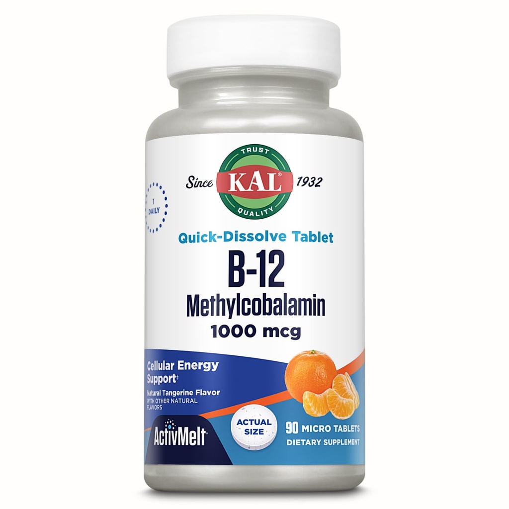 KAL Vitamin B12 Methylcobalamin 1000mcg, Gesunde Energie, Stoffwechsel, Nerve & Red Blood Cell Support,* Fast Dissolve ActivMelt, Optimale Absorption, Natürliche Tangerine Flavor, 90 Servierungen, 90 Micro Tabs