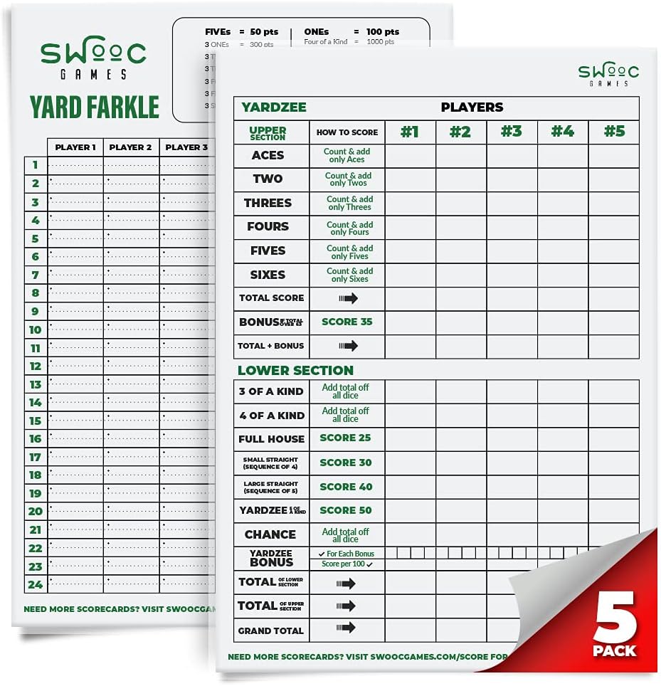 SWOOC Games® - 5 Big Premium Laminated Yardzee & Farkle Score Cards (11,5in x 8in) mit Regeln - Große wiederverwendbare Dry Erase Pads für Riesen Outdoor Dice