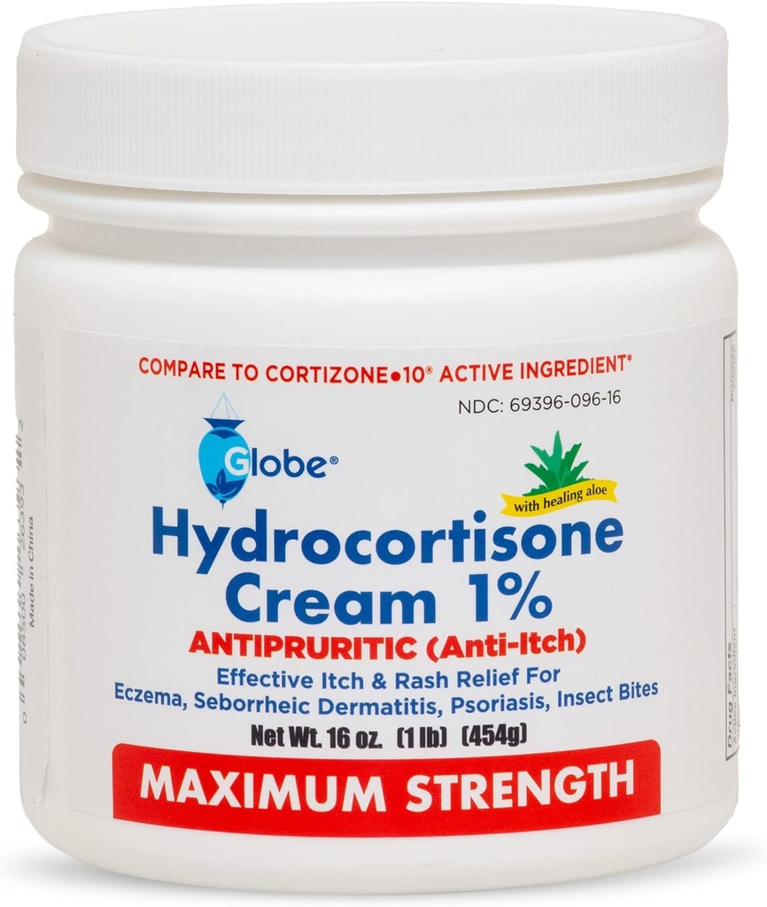 Globe Hydrocortisone Maximale Stärke Creme 1% w/Aloe, 16 oz, Anti-Itch Creme für Redness, Schwellung, Juckreiz, Rash, Bug / Moskito Bites, Eczema, Hämorrhoiden & More, 16 oz Jar