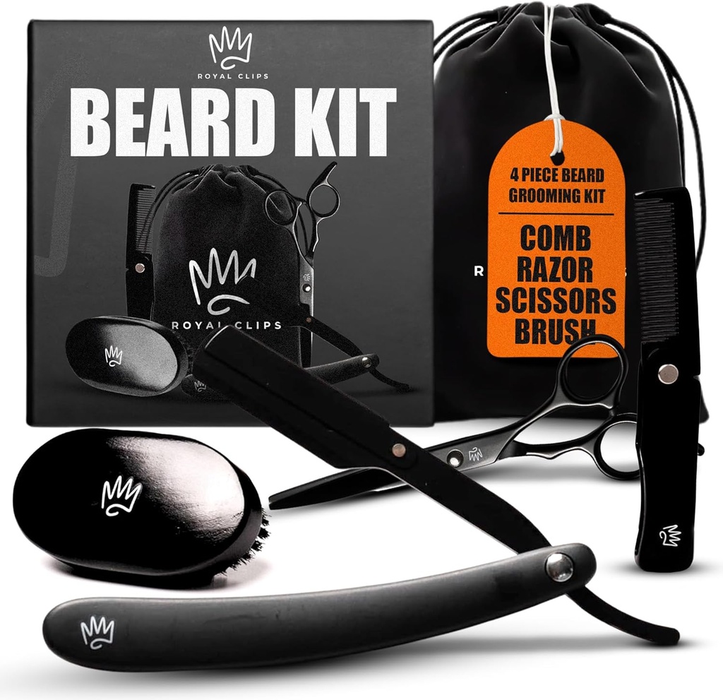 Royal Clips Bart Kit | 4 Stück Bart Grooming Kit | Bartbürste, Comb, Scheren und gerade Rasierer - Ideales Geschenk für Männer, Ehemann, Freundinnen, Familie & Freunde