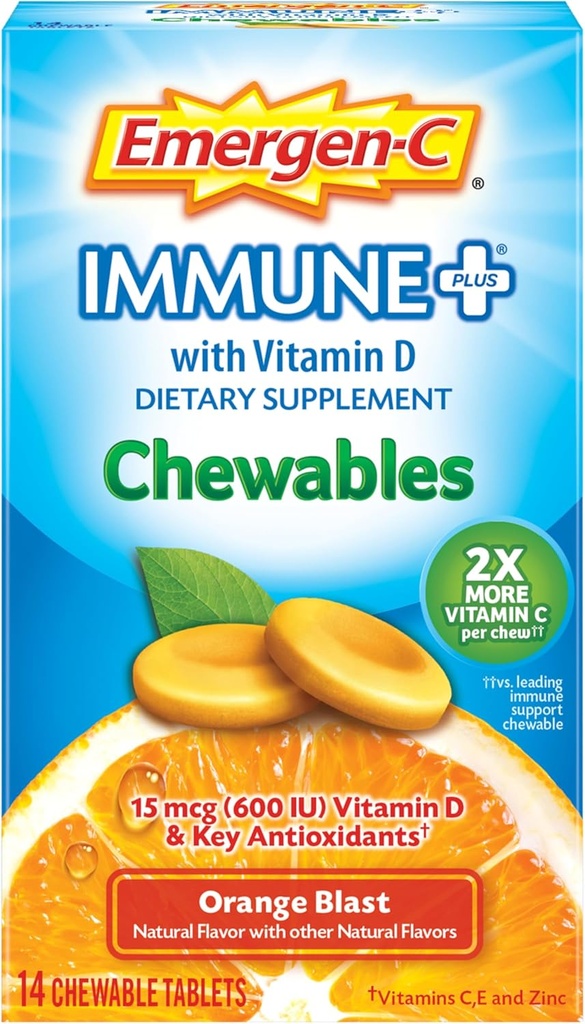 Emergen-C Immune+ Chewables 1000mg Vitamin C Tablet, mit Vitamin D, Immununterstützung Nahrungsergänzung für Immunität, Orange Blast Flavor - 14 Count