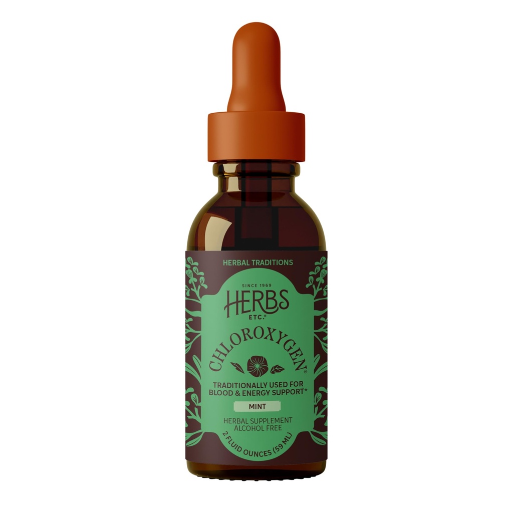 Herbes Etc. ChlorOxygen Concentrate de chlorophylle - Soutien énergétique fortement concentré - Aide la circulation sanguine saine - Soutien de la vitalité naturelle - Sans alcool - Menthe, 2 fl oz (environ 132 portions)