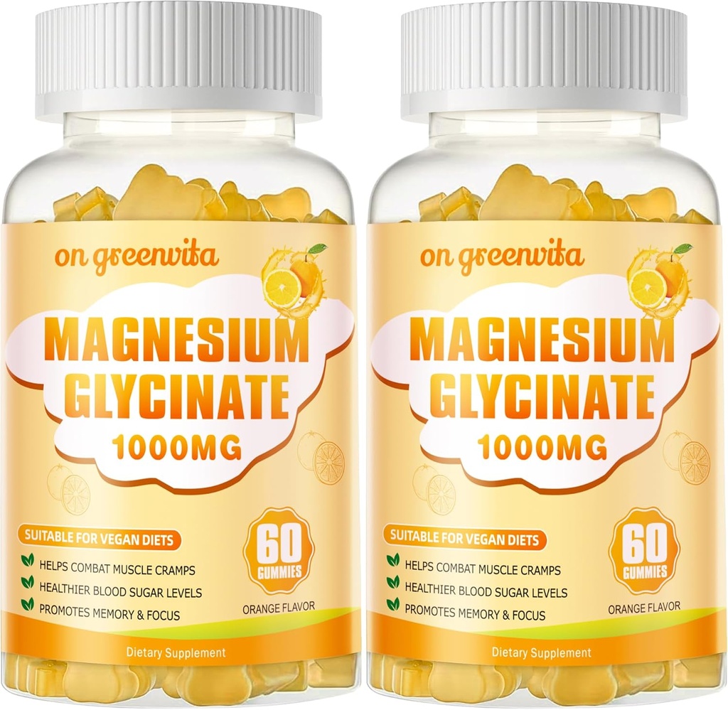 Glycinat de magnésium Gommies 1000mg - Supplément de potassium de magnésium sans sucre avec vitamine D, B6, CoQ10 pour l'humeur calme et le soutien du sommeil - 120 Gommies orange 2 Pack