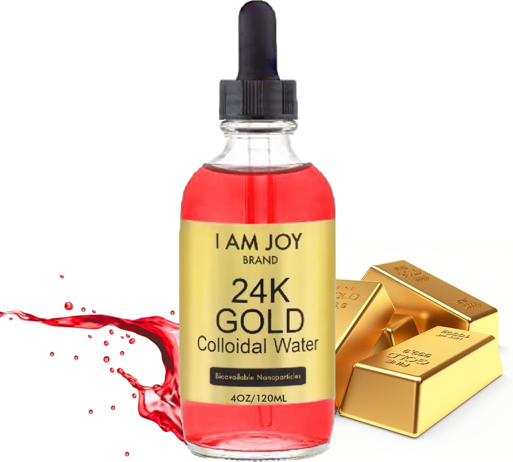 I Am Joy co. Liquid Colloidal Gold 24k 99,99% Pure 100ppm Ruby Red Water Based All Natural Electrolysis 4oz Glass Bottle