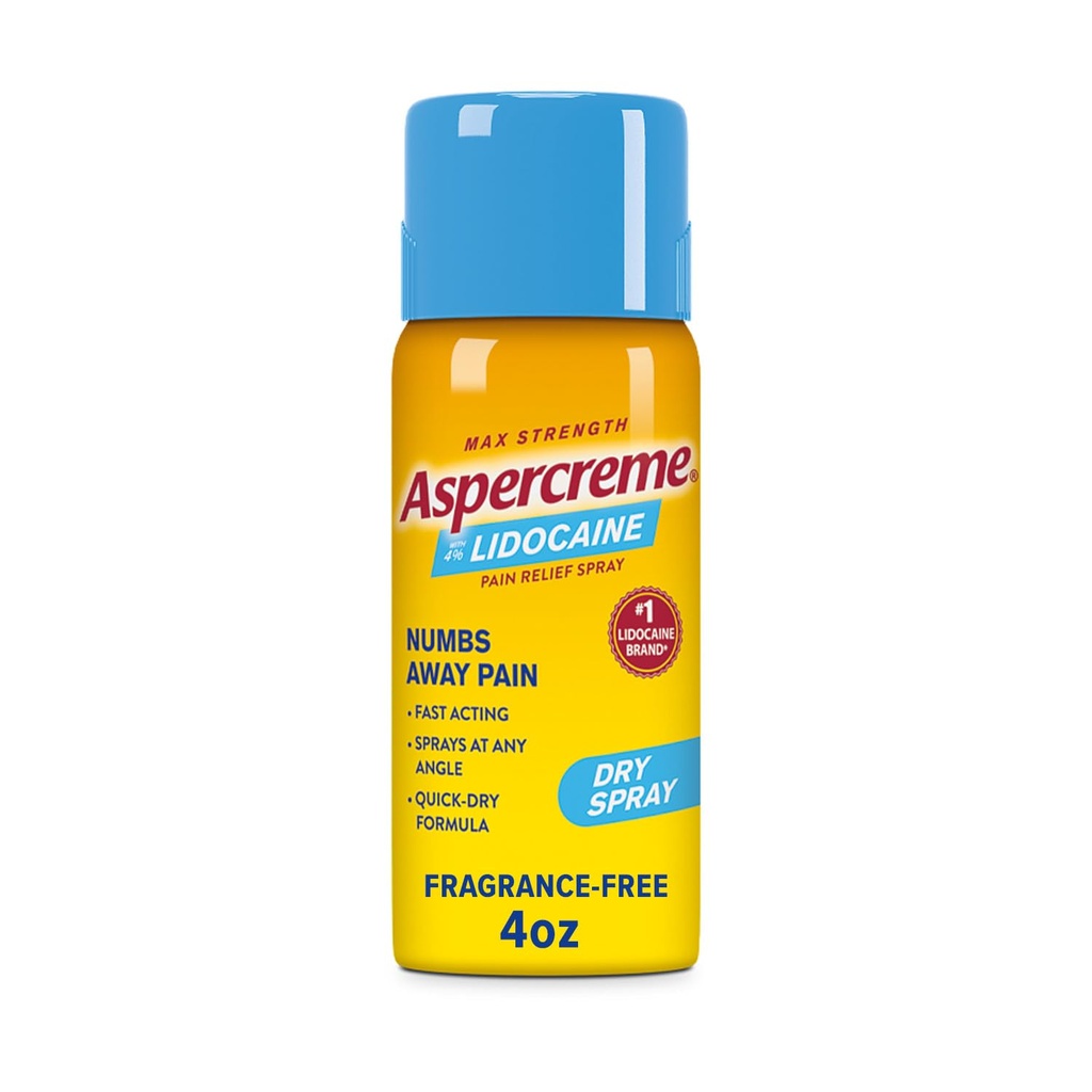 Aspercreme Lidocaine Spray sec apaisant les nerfs aggravés, vaporisateur de soulagement de la douleur topique avec Max-Strength 4 % Sprays de Lidocaine à n'importe quel angle, 4 Oz.