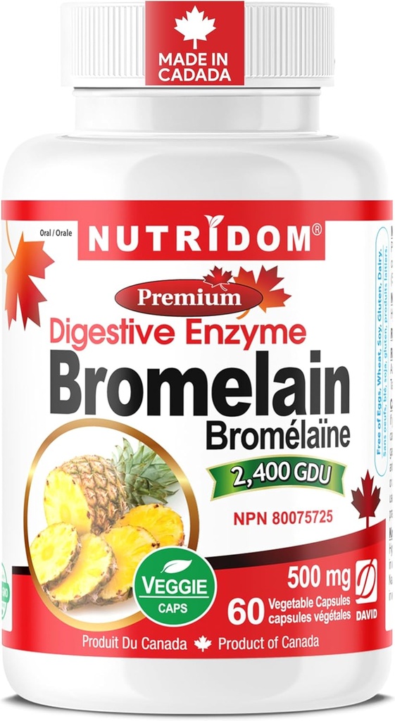 Nutridom Bromelain Verdauungsenzym Ananasergänzungsmittel, 2400 GDU, 500mg, Non-GMO, Vegan, Glutenfrei, Soja & Dairy (60 Count)