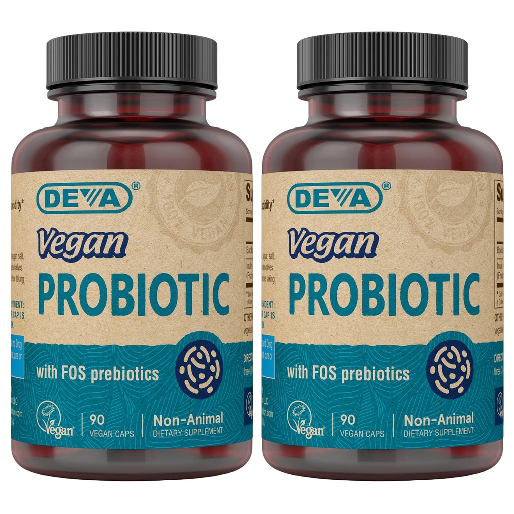DEVA Vegan Probiotic mit FOS Prebiotics Supplement - 2 Billion CFU mit 100 MG von Prebiotics Per Servieren für Herren & Frauen - Non-Dairy Gluten Free - Natürlich Shelf Stable - 90 Kapseln (Pack von 2)