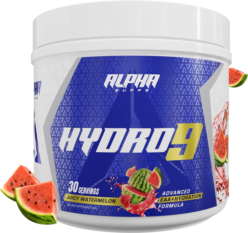 Alpha Suppose Hydro 9 Aminos (EAA + formule d'hydratation) Acides aminés essentiels AAE Poudre avec BCAA et électrolytes 30 portions - pastèque juteuse