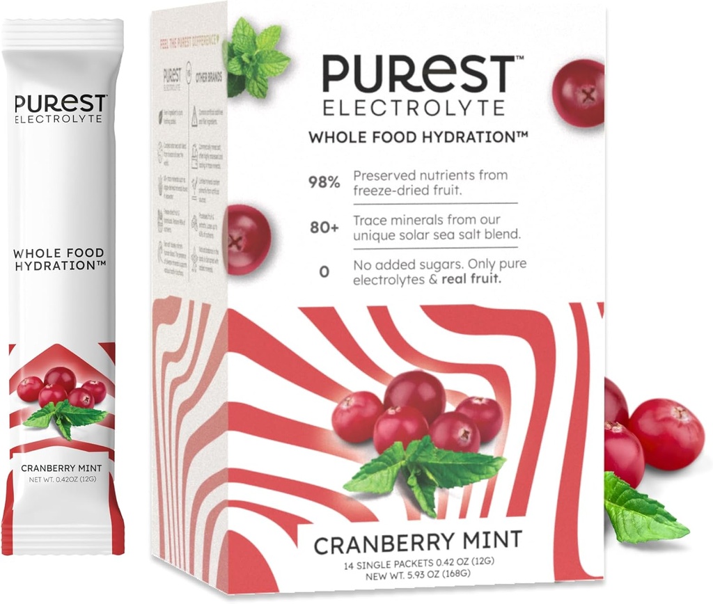 Kennen Sie Brainer New! Reinste Elektrolyt Cranberry Mint Powder Packets – Ganze Lebensmittel Hydration - Organische gefriergetrocknete Früchte und solare Meersalze für Ultimative Elektrolytbilanz