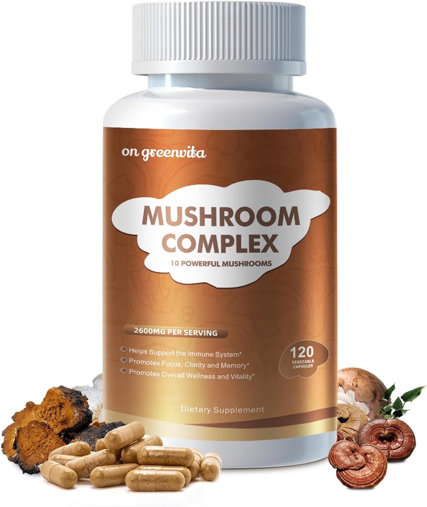 Pilz Complex Supplement 2600mg, 120 Kapseln - 10 Pilze Mischung - Reishi, Lions Mane, Cordyceps, Chaga, Türkei Tail, Maitake, Shiitake, Oyster Nootropic Complex - Gehirn, Energie, Fokus Pillen
